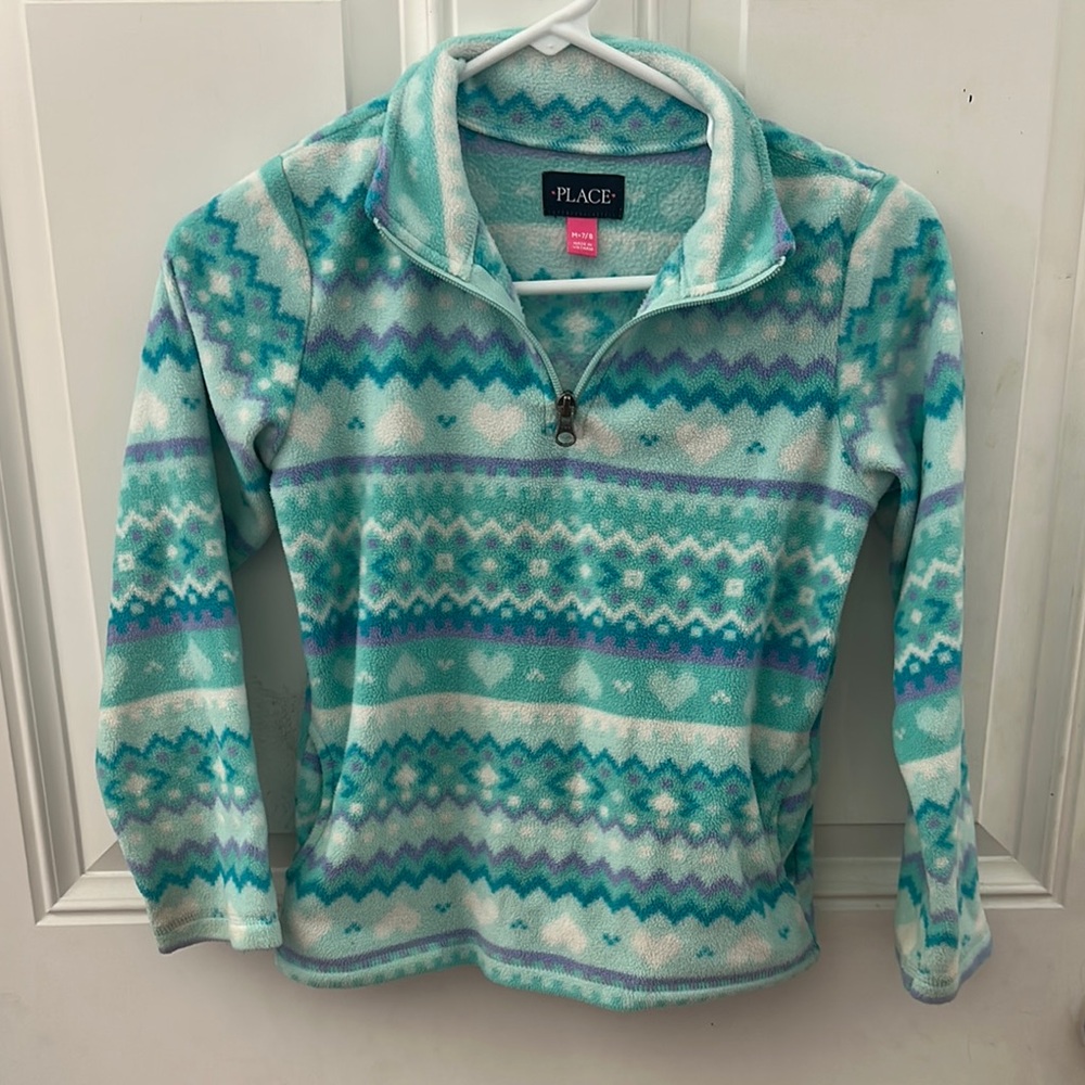 Place Aqua and White Geometric Fleece Top